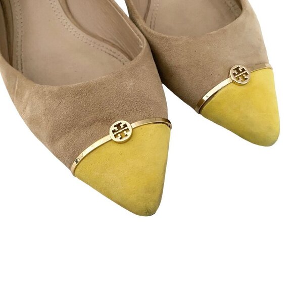 Tory Burch Pointed Suede Ballet Flats in Colorblock Cream and Yellow - Picture 3 of 9